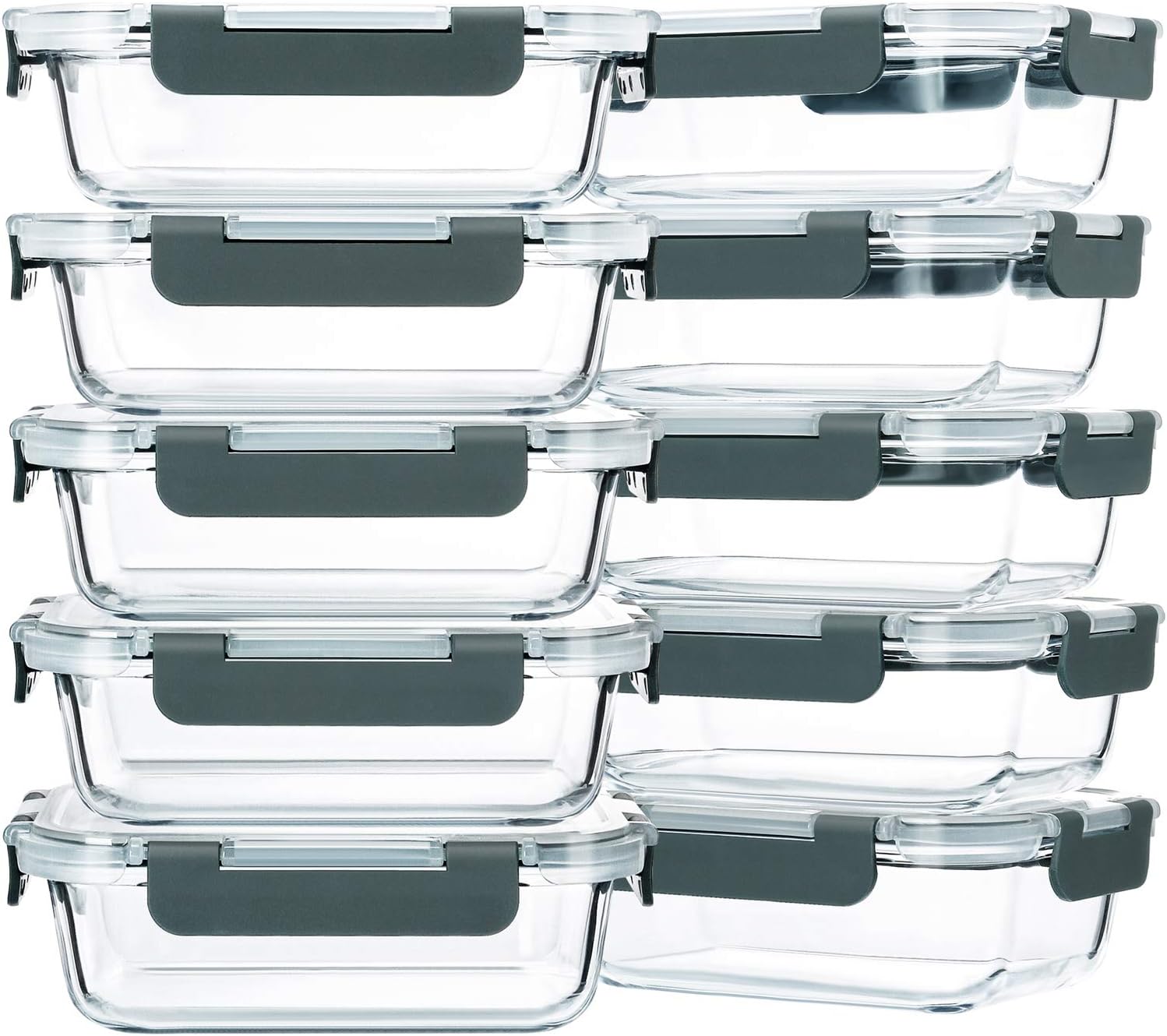 Glass Food Storage Containers with Lids, 22 oz - 10 Pack, Grey Lids