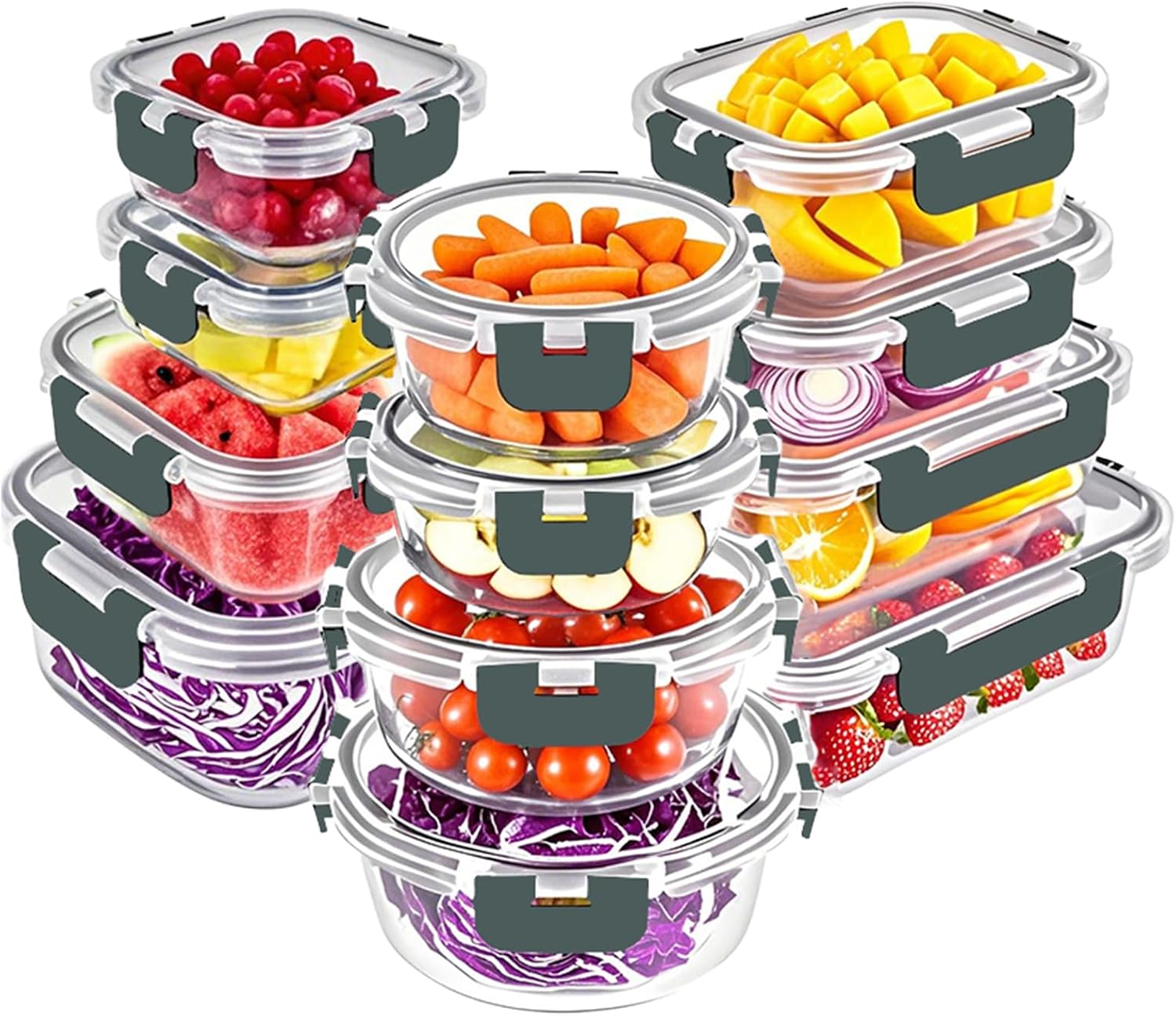 Glass Food Storage Container Set with Airtight Lids - 12 Pack, Grey