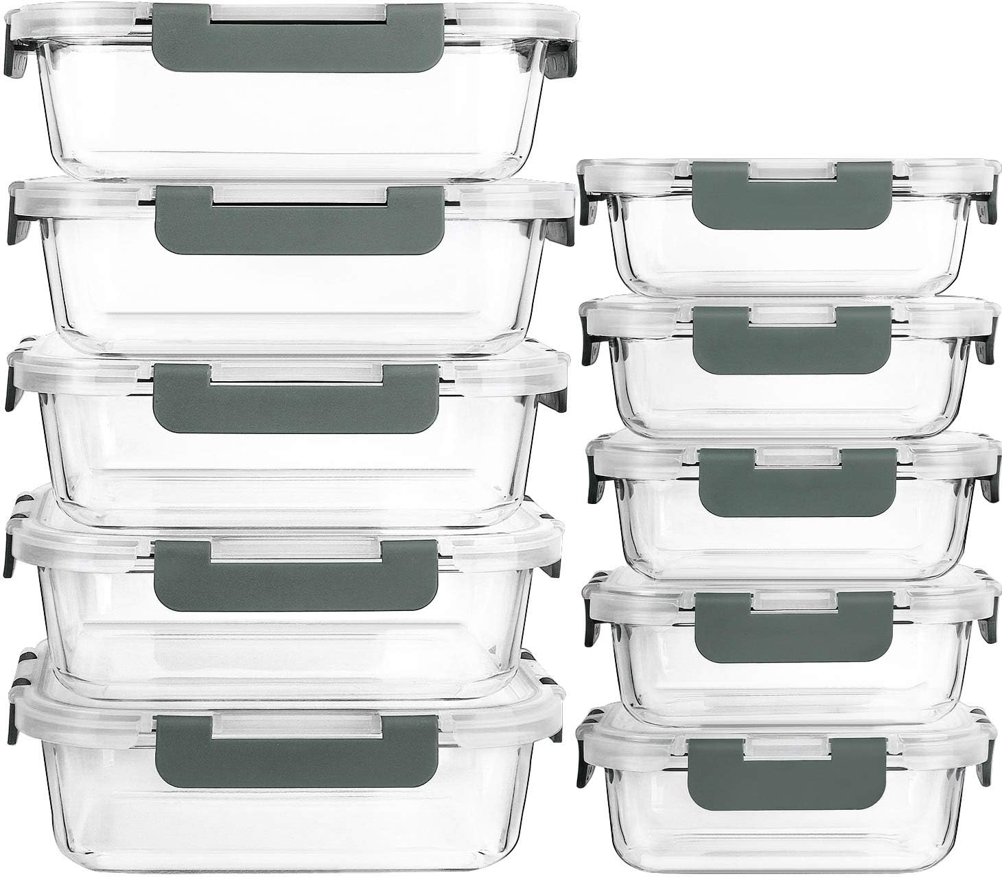 Glass Lunch Containers with Airtight Lids - 10 Pack, Grey