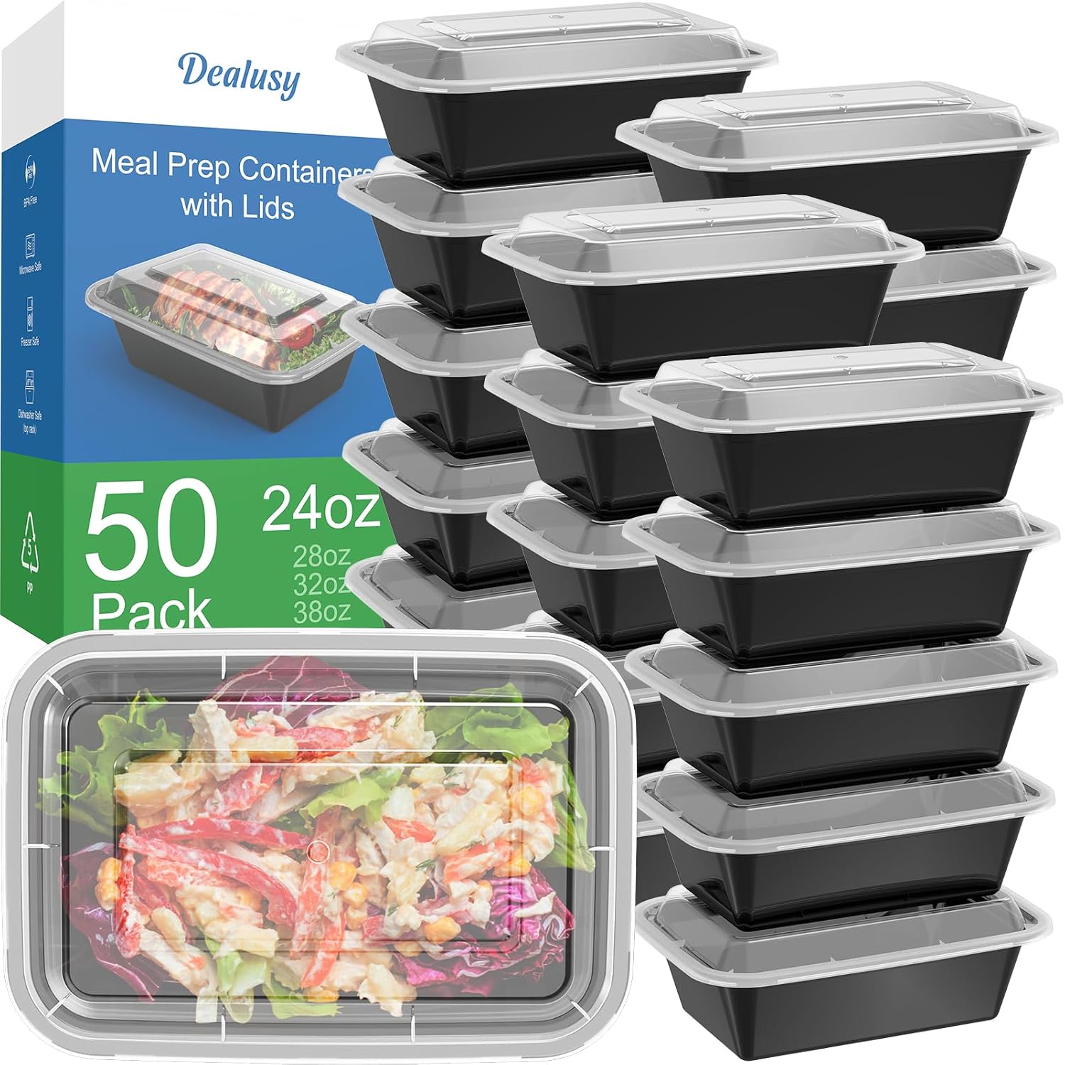 Reusable Meal Prep Containers with Lids, 24 oz - 50 Sets, 100 Pieces