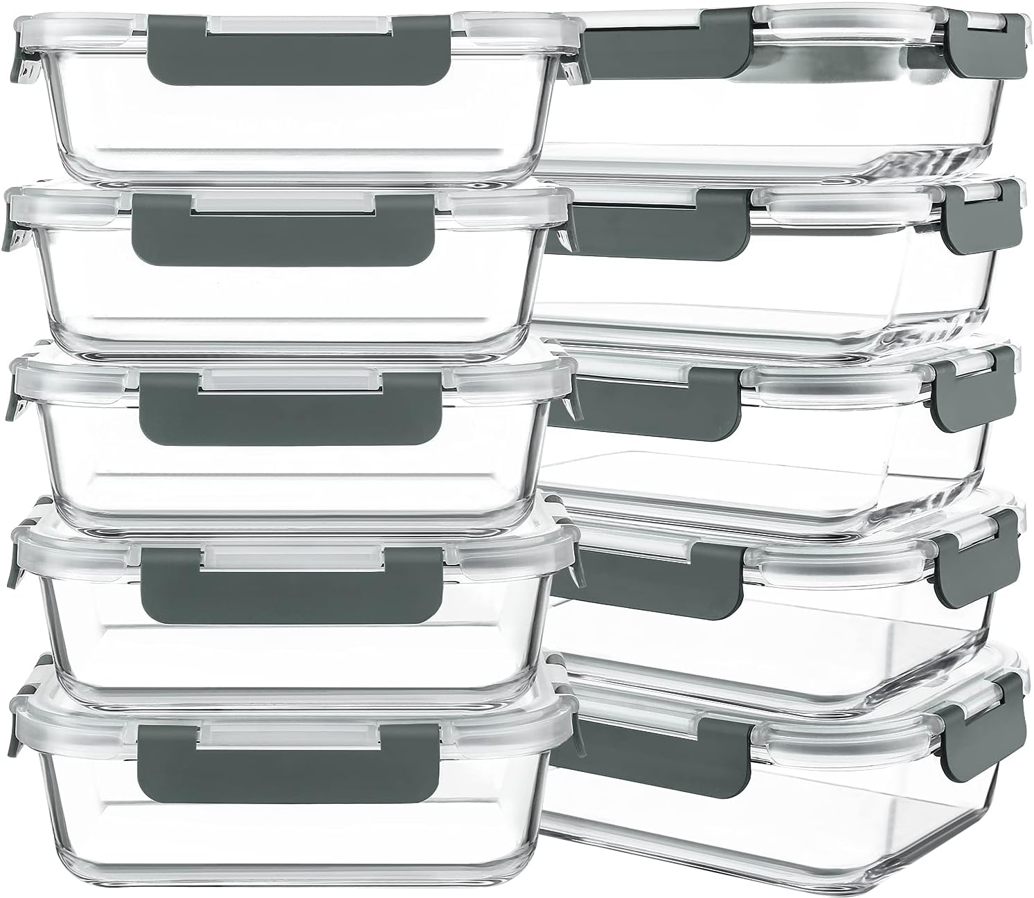 Glass Meal Prep Containers with Lids, 30 oz - 10 Pack, Grey