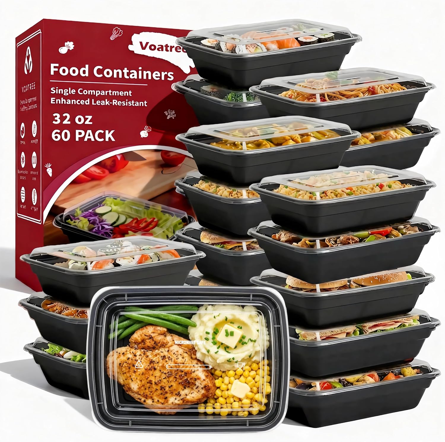 Plastic Meal Prep Containers with Lids, 32 oz - 60 Pack, Microwave Safe