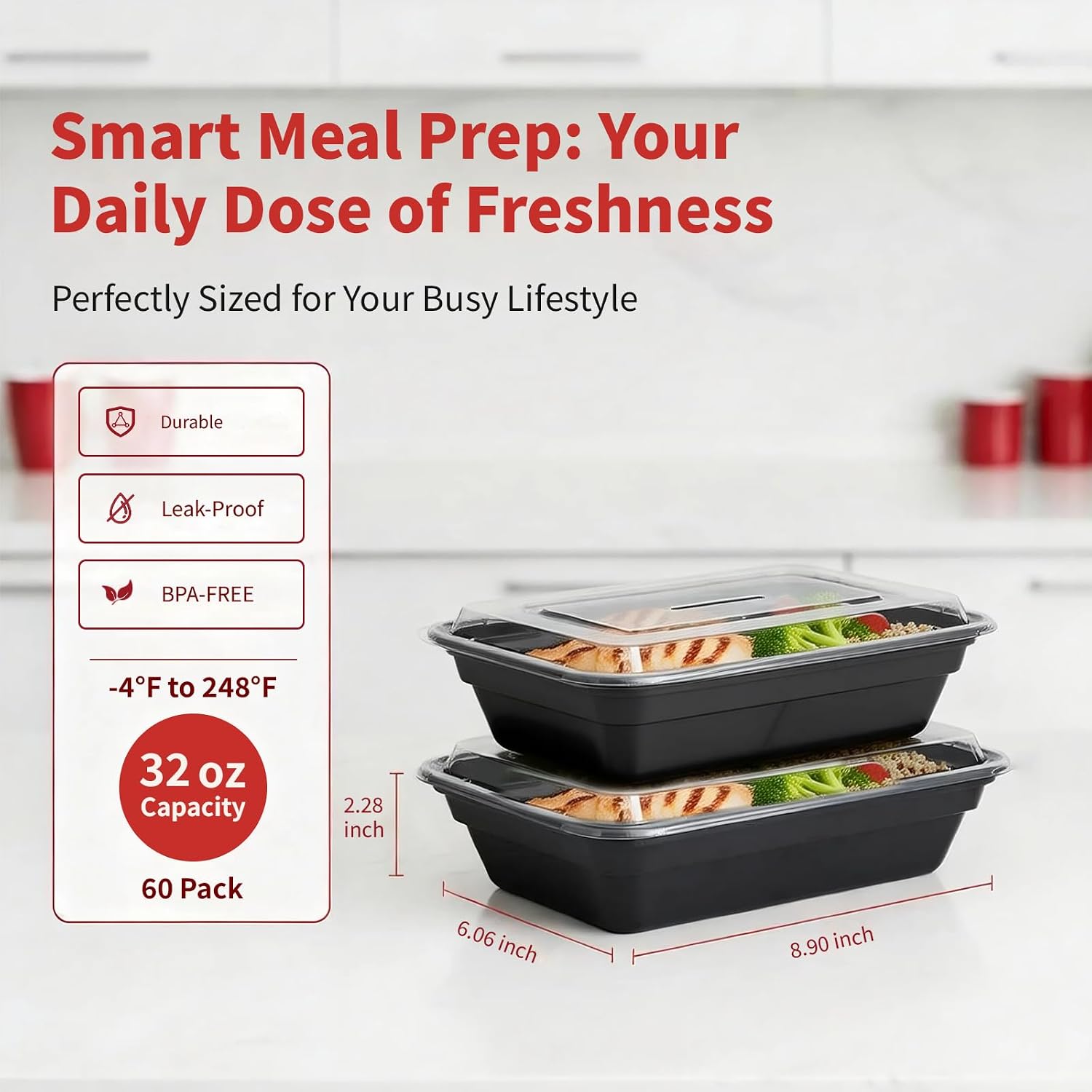 Plastic Meal Prep Containers with Lids, 32 oz - 60 Pack, Microwave Safe