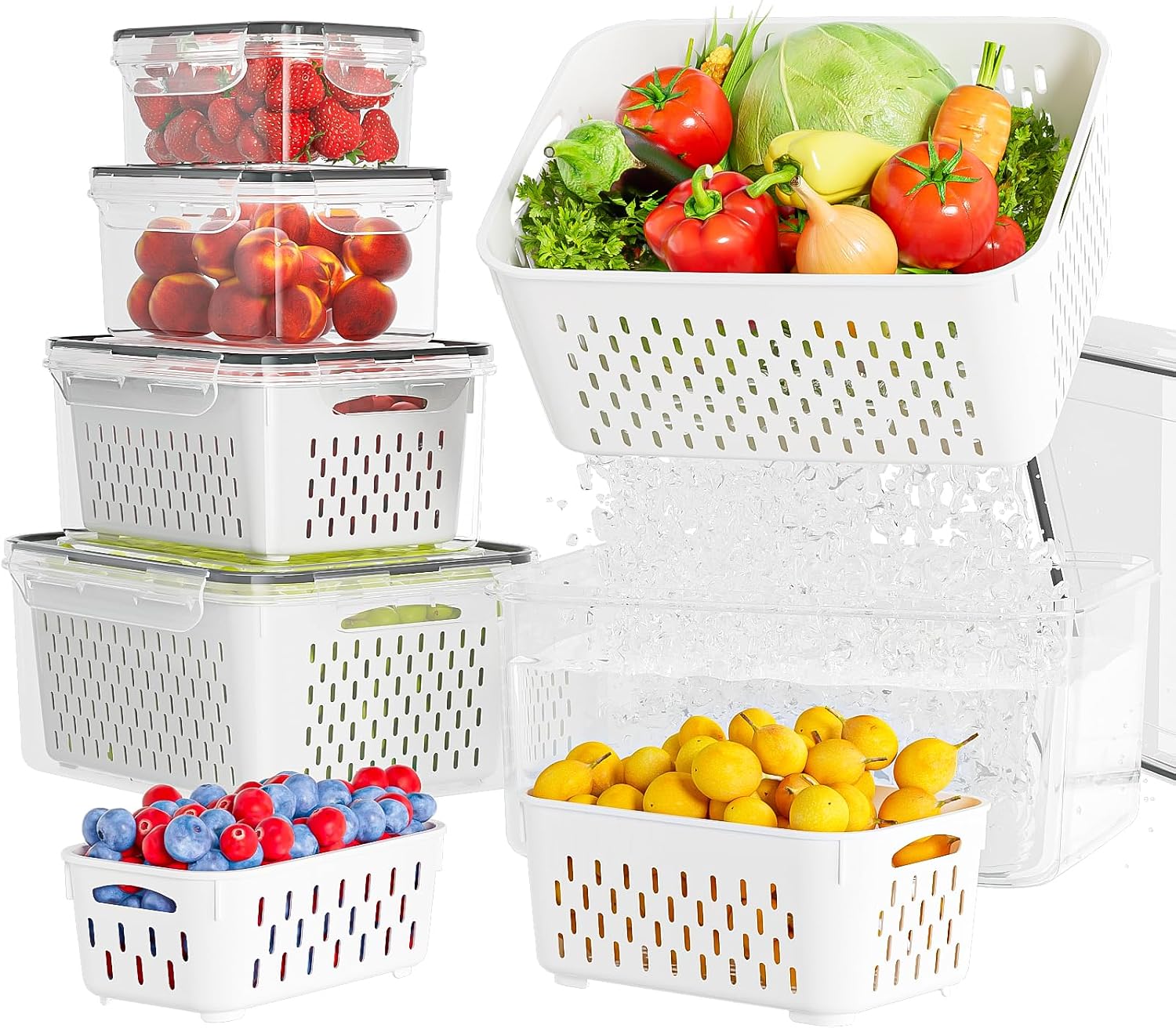 Fruit and Produce Storage Containers with Removable Colanders - 5 Pack