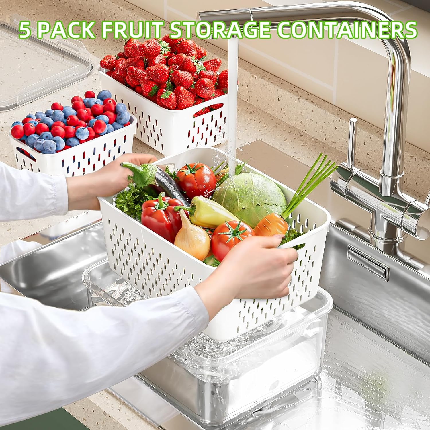 Fruit and Produce Storage Containers with Removable Colanders - 5 Pack